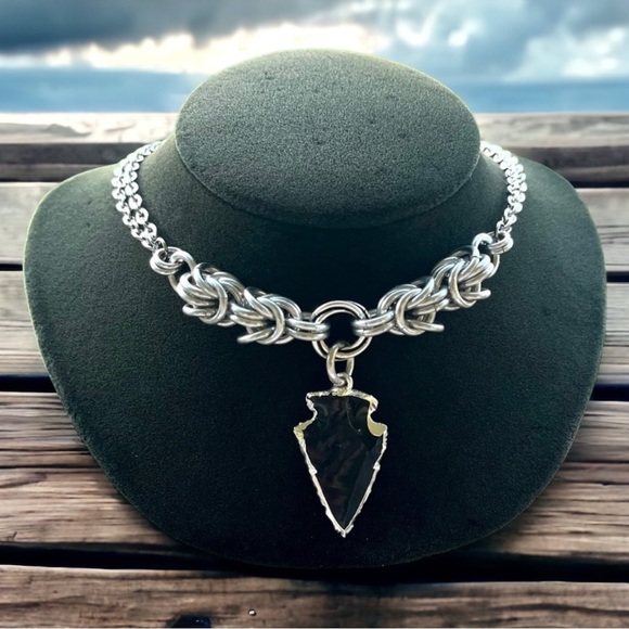 Handmade maille choker necklace black obsidian arrow charm boho goth gemstones - Picture 1 of 13